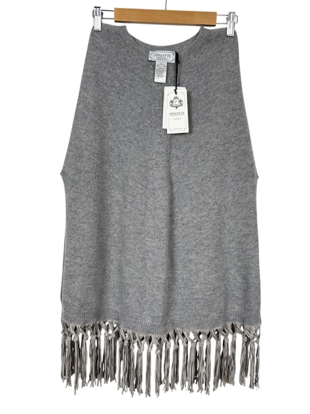 PINOTTI NWT Wool/Cashmere Fringed Poncho With Leather Trim, Grey, One Size